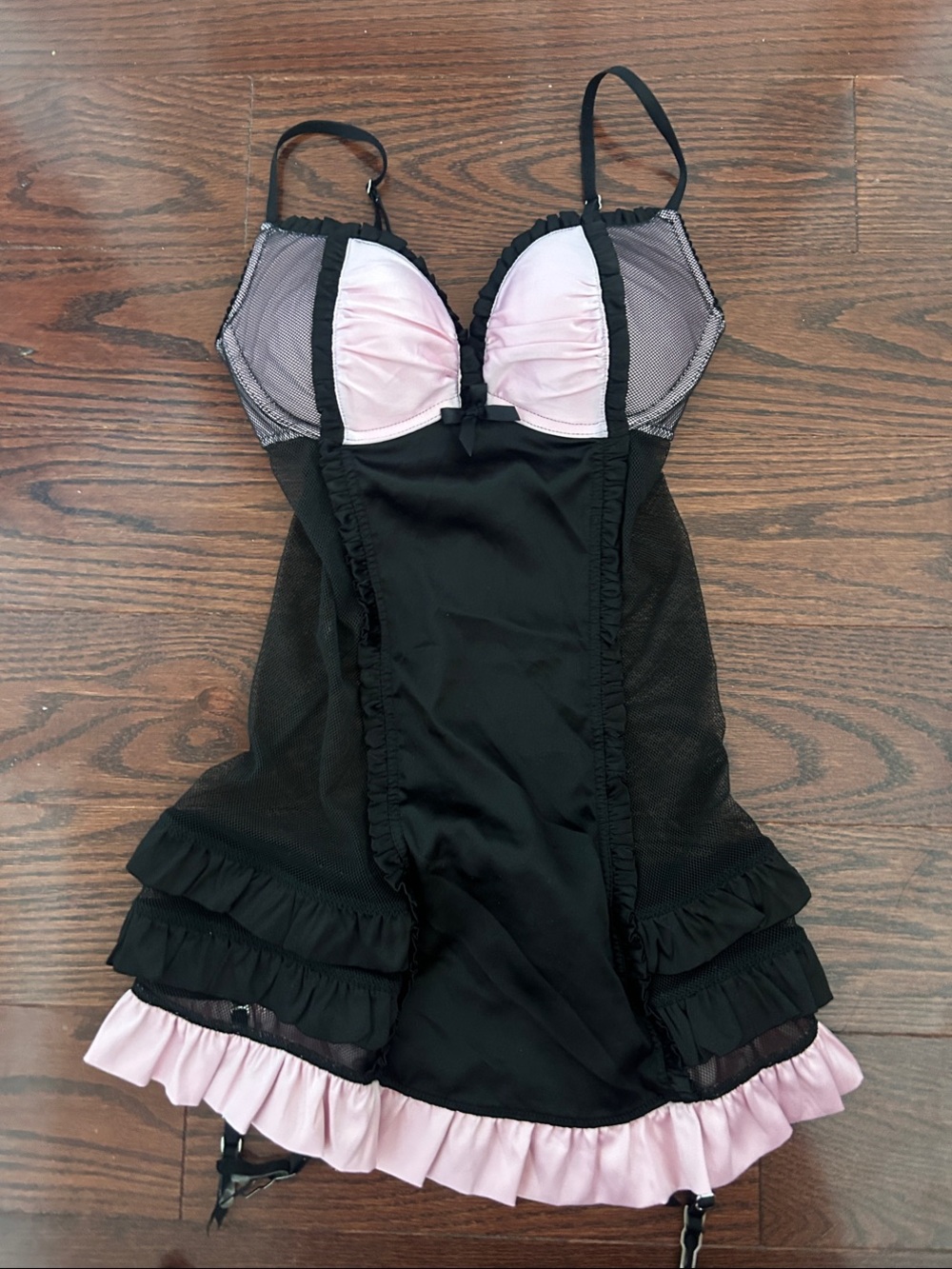 Vintage Victoria's Secret Black and Light Pink Ruffle-Trim Chemise
